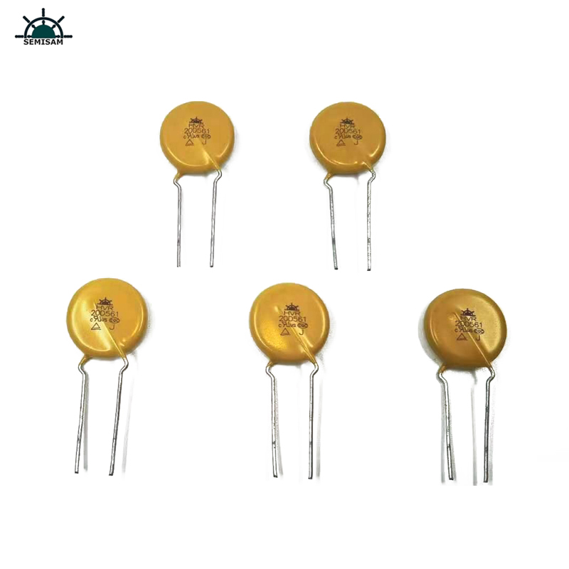 China ODM Electronics-Komponenten, gelber MOV 20mm HVR20D561K Zinkoxid-Varistor für Haushaltsgeräte